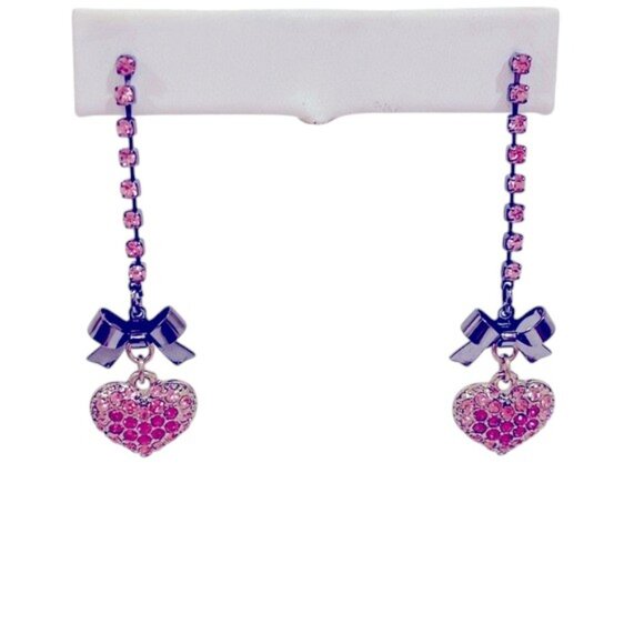 Betsey Johnson Y2K VINTAGE Pink Rhinestone Hearts and Bows Earrings - Picture 1 of 8